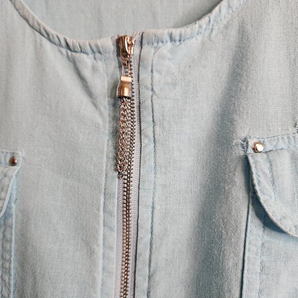 Emily Daniels Women's XL Blouse, Aqua Woven Linen Blend 3/4 Roll-tab Sleeves - Picture 3 of 12